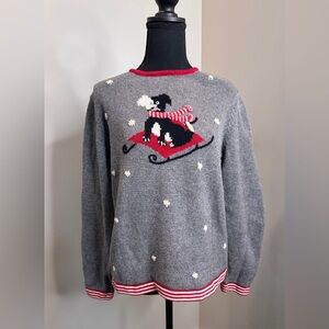 Vintage Susan Bristol Gray Sweater with Red Accents Dog on Sled Size Medium
